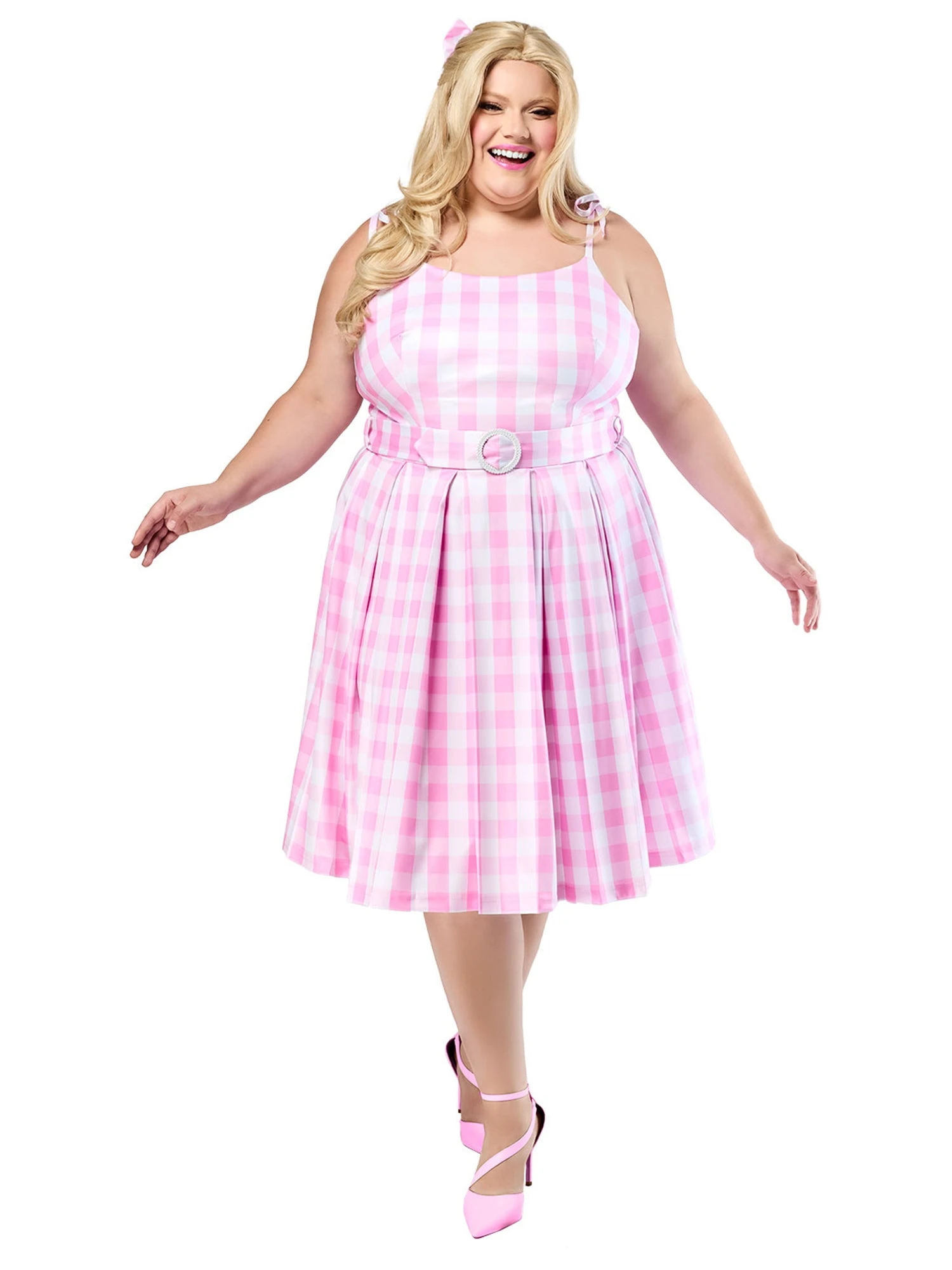 Women's Plus Size Barbie Movie Perfect Day Pink Gingham Dress 1 Women's Plus Size Barbie Movie Perfect Day Pink Gingham Dress