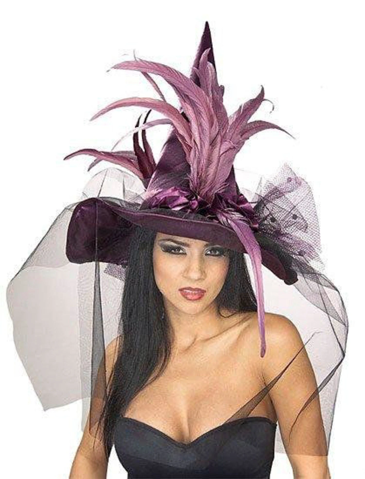 Adult Purple Tulle And Feather Decorated Witch Hat 1 Adult Purple Tulle And Feather Decorated Witch Hat