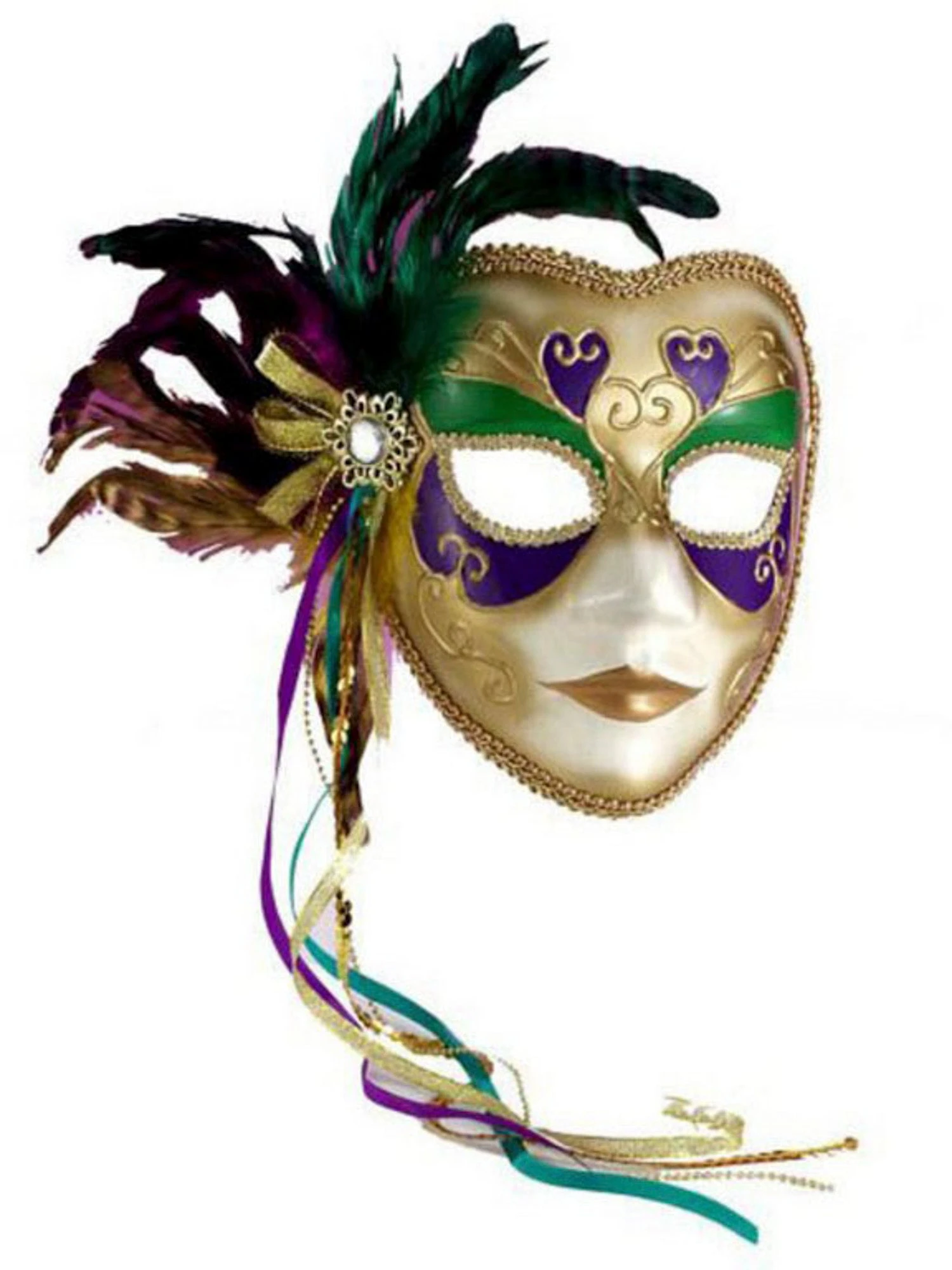 Adult Gold Mardi Gras Masquerade Face Mask With Feathers 1 Adult Gold Mardi Gras Masquerade Face Mask With Feathers