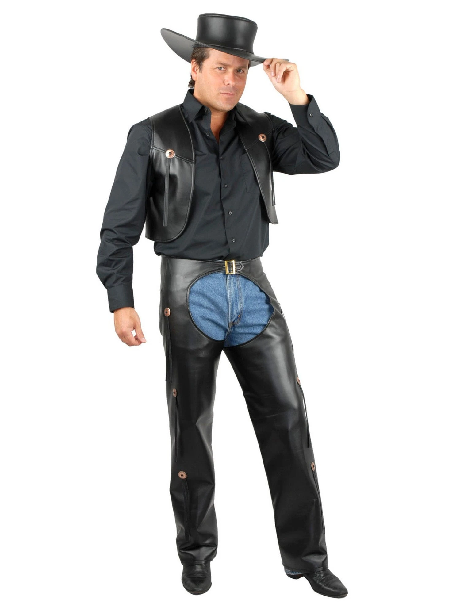 Men's Black Faux Leather Western Chaps And Vest 1 Men's Black Faux Leather Western Chaps And Vest