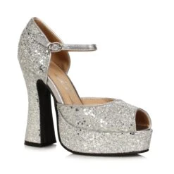 Women's Silver Glitter Open Toe Platform Heeled Shoes