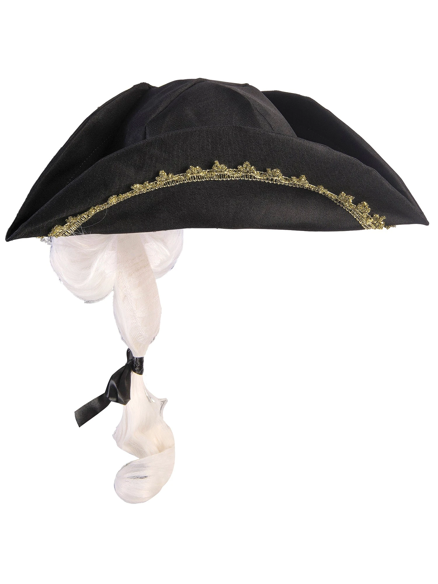 Kids' Black Colonial Tricorn Hat With Wig 2 Kids' Black Colonial Tricorn Hat With Wig - Image 2