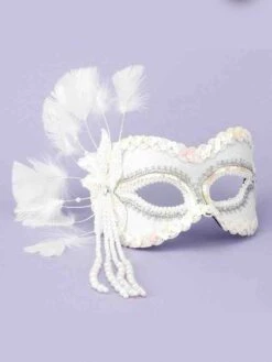 White Masquerade Mask With Beads & Feathers