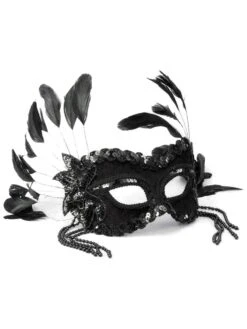 Adult Black Eye Mask With Feathers And Beads