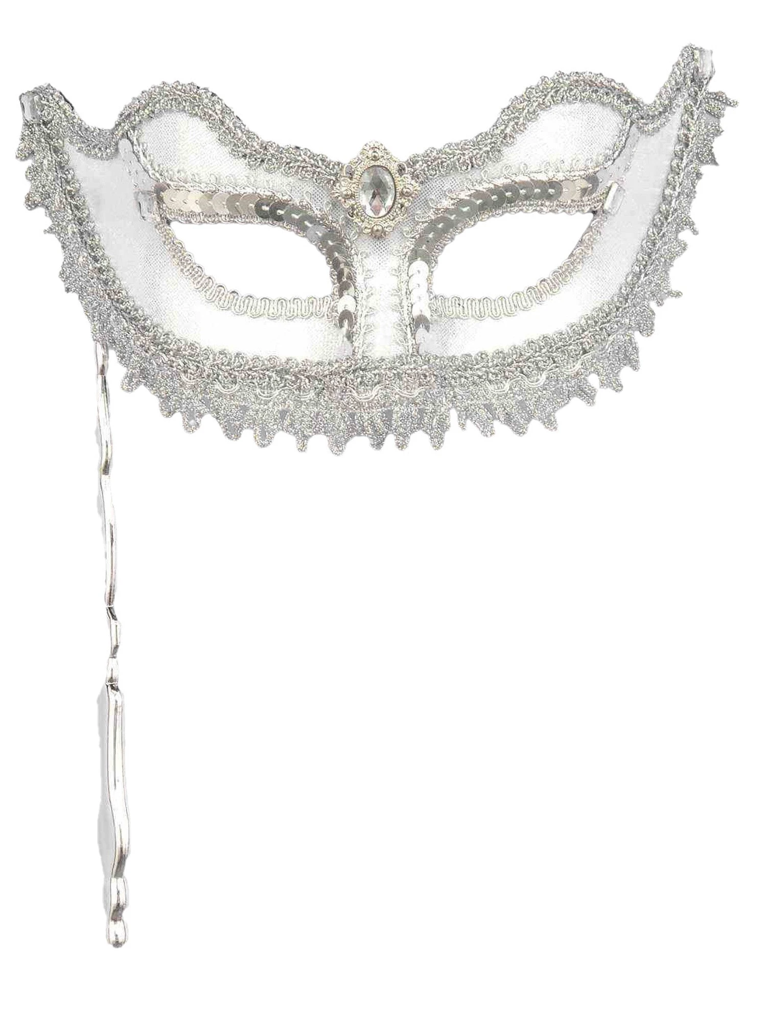 Adult White And Silver Masquerade Eye Mask With Stick 1 Adult White And Silver Masquerade Eye Mask With Stick
