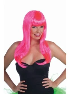 Adult Long Neon Pink Wig With Bangs