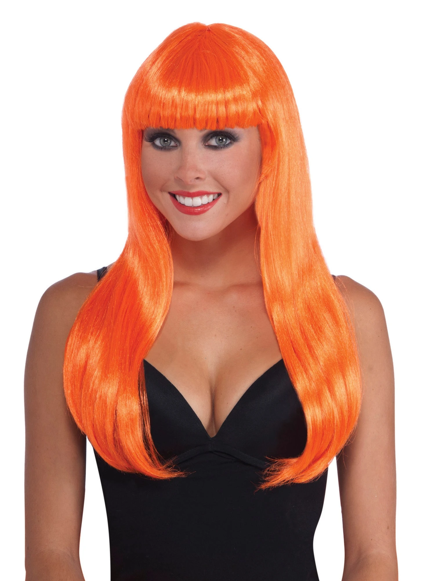 Adult Long Neon Orange Wig With Bangs 1 Adult Long Neon Orange Wig With Bangs