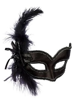 Black Satin Masquerade Mask With Feathers