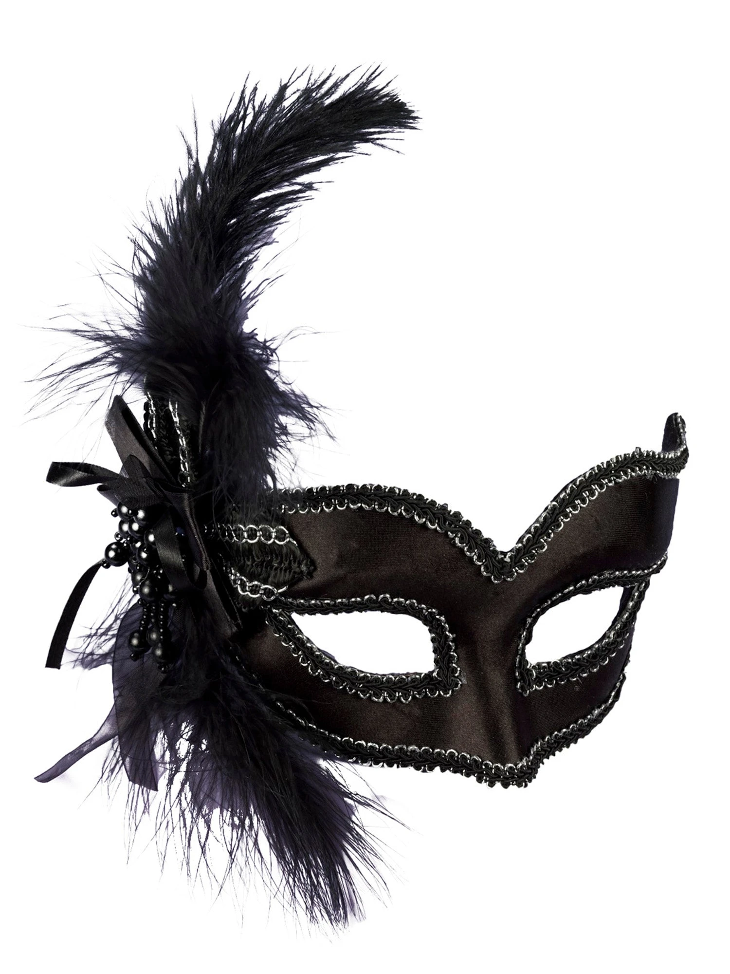 Black Satin Masquerade Mask With Feathers 1 Black Satin Masquerade Mask With Feathers
