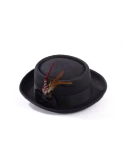 Adult Black Pork Pie Hat With Feather