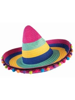 Deluxe Striped Sombrero With Pom Poms